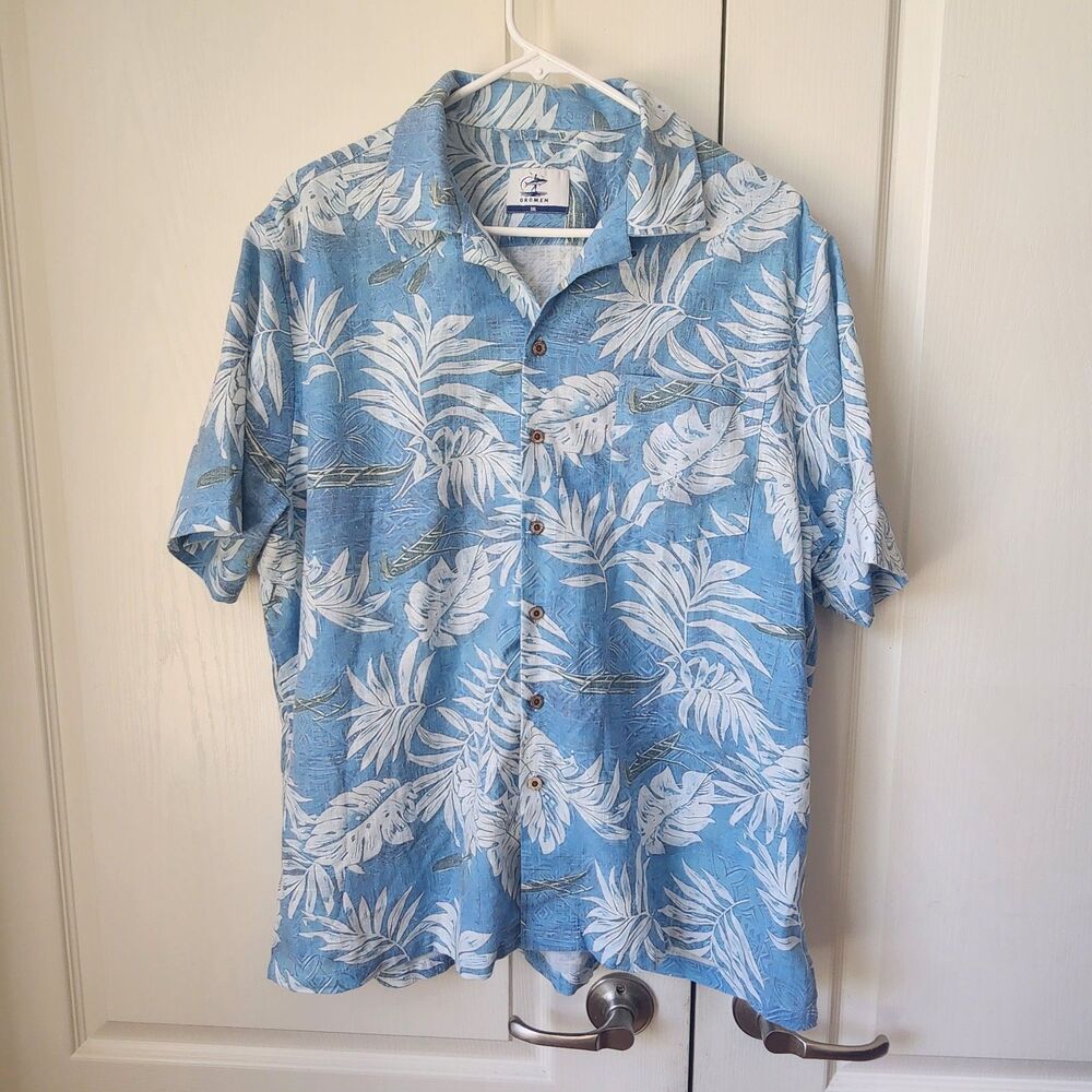 Oromen Men's Tropical Totem Hawaiian Shirt 96% Linen 4% Cotton XXL 2XL Blue